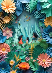 Fototapeta na wymiar Colorful Paper Art Floral Jungle with Miniature Figures
