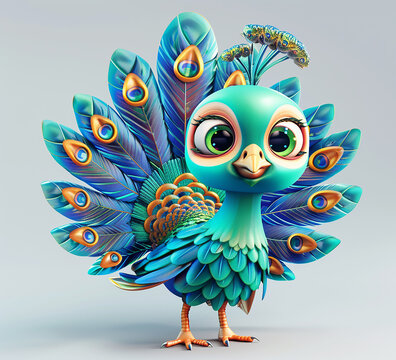 3d cartoon design cute character of a peacock photo, generative ai