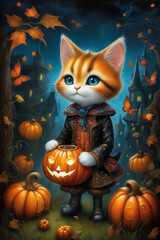 Halloween, cute cat in the forest, greeting cards, holidays, joy, postcards, posters
