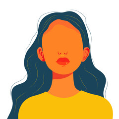 Frontal portrait of a modern girl. Faceless young woman. Bright vector illustration in flat style. Image for postcards, covers, posts and for social network avatar.