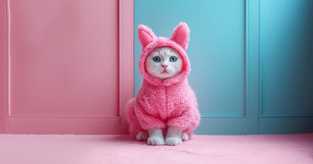A cute cat wearing an Easter bunny costume against pastel background. Beautiful wallpaper encapsulating the spirit of Easter.