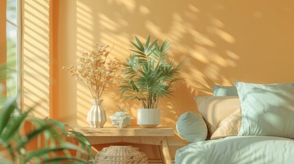 Sunny Bedroom Corner with Houseplants and Shadows