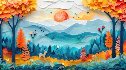 Surreal Paper Art Forest Path in Gradient Hues background