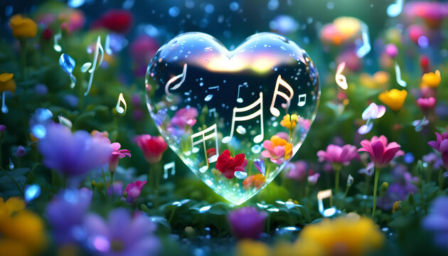 schwebendes Herz aus Kristall Glas klar und fr&ouml;hlich umgeben von Blumen Noten Schwingungen in goldener Stunde &uuml;ber einem urbanen Park oder Garten, Liebe Leidenschaft und Symphony der Kl&auml;nge und T&ouml;ne 