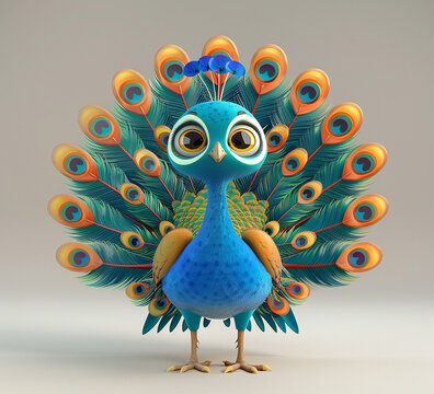 3d cartoon design cute character of a peacock photo, generative ai