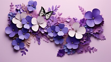 A composition of flowers. Flowers on a purple background. The concept of spring, summer, top view, place for text. An invitation card.