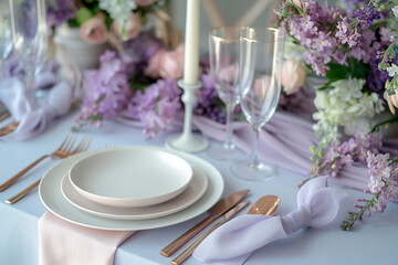 Wedding table setting with lilac