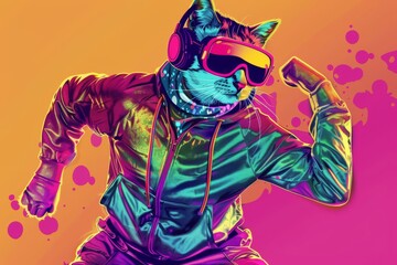 A vibrant illustration of an energetic cat sporting ski goggles and headphones, with a dynamic pose against a colorful, splattered background.