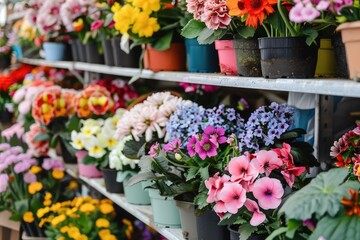 Fototapeta na wymiar Variety of flowers in pots on shelves in flower shop
