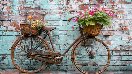 Fototapeta na wymiar A vintage bicycle leaning against a weathered brick wall, adorned with baskets of vibrant flowers
