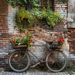Fototapeta na wymiar A vintage bicycle leaning against a weathered brick wall, adorned with baskets of vibrant flowers