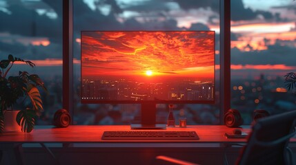A computer monitor is on a desk with a city view in the background