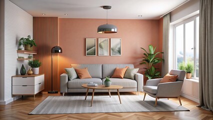 Naklejka na ściany i meble Sofa against salmon colored wall, scandinavian modern home interior living room