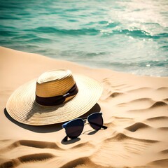 Fototapeta na wymiar straw hat and sunglasses on the beach