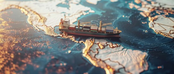 Miniature cargo ship traversing a map's ocean routes. - obrazy, fototapety, plakaty