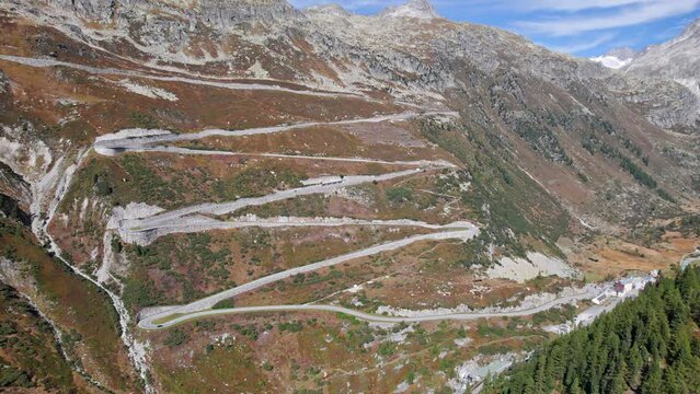 Aerial view of Grimsel Pass road, Switzerland.