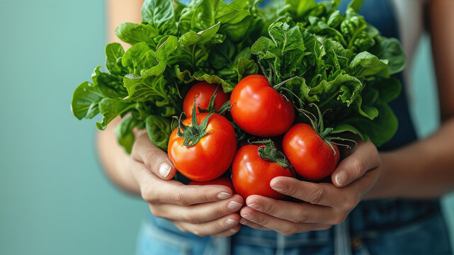 Female hands hold fresh natural vegetables against light blue background, copy space, banner. vegetarian and healthy eating concept