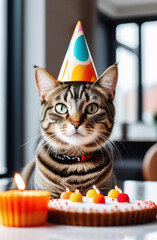 Cat birthday, cat sits in a cap at the table next to the cake with candles. Care and love for pets. Vertical orientation.