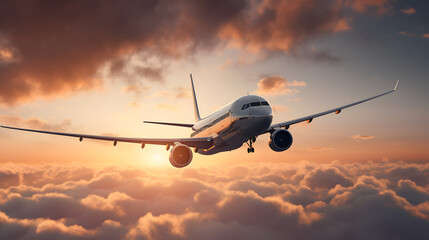 commercial airplane jetliner flying above dramatic clouds in beautiful sunset light. travel concept.