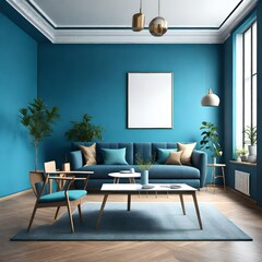 modern interior design of apartment, empty living room with blank blue wall, dining room with table and chairs.