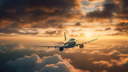 commercial airplane jetliner flying above dramatic clouds in beautiful sunset light. travel concept.