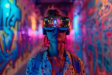A woman wearing VR glasses stands in the center of an immersive room with colorful graffiti walls...