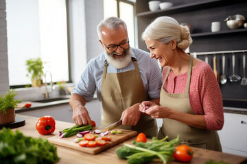 Happy seniors couple prepare vegan food at home in modern kitchen