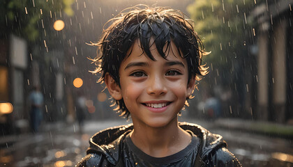 Ein Junge hat Spaß und steht im warmen Sommer Regen, die Tropfen Wasser durchnässen ihn und er genießt die feuchte Abkühlung lächelnd wie eine Dusche