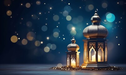 blue and gold Realistic ramadan background with mosque moon stars lantern and bokeh. Generative AI 