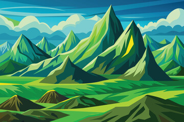 Landscape with green mountains. Mountainous terrain. Abstract nature background. Vector illustration