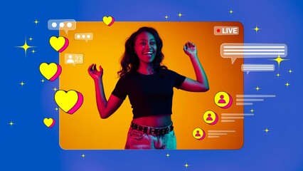 Happy smiling African girl leading live stream on social media app, interacting with followers....