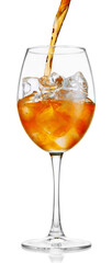 aperol spritz pouring in glass with ice isolated on white