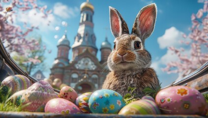 A rabbit sitting in the back seat of an SUV, surrounded by Easter eggs
