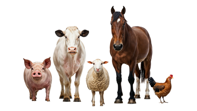 Assorted Farm Animals Showcased on Transparent Background