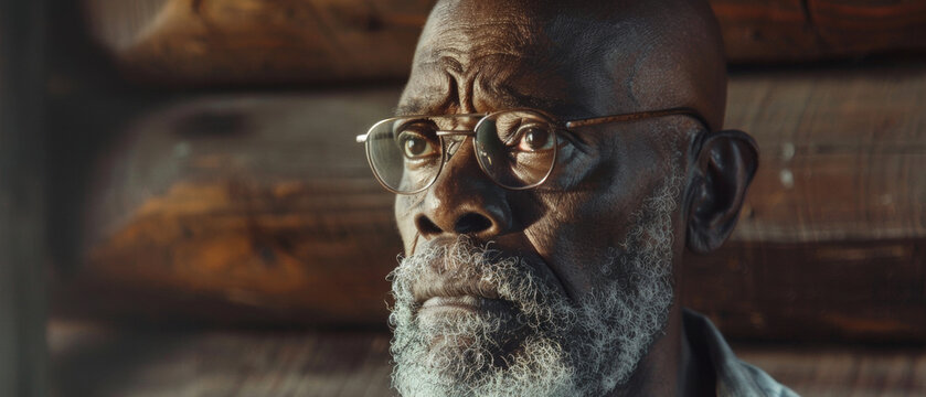 Elderly man with dignified beard gazes with wisdom.
