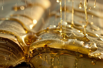 Depict a super realistic interpretation of gold dripping over the pages of a bible.