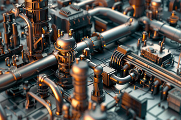 Capture the intricate machinery and complex processes of a heavy factory in stunning detail.