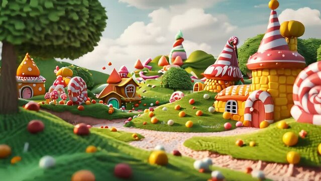 3D illustration of colorful village on mountain with green nature