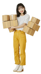 moving, people and real estate concept - happy smiling asian woman holding big boxes with stuff at new home