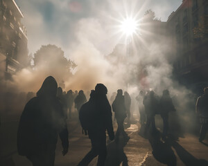 News of the day: street youth performances and unrest in urban areas, evidenced by smoke and demonstrations, capturing the essence of current protests and turmoil. - obrazy, fototapety, plakaty