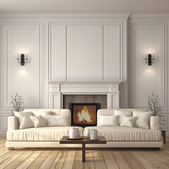 Rattan lounge chair, wicker, pouf and white sofa by fireplace. Scandinavian, hygge home interior design of modern living room.
an image showing a living room with white furniture.
living room with fir