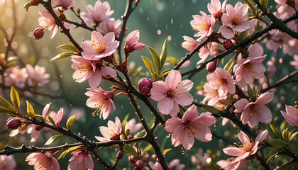Nahaufnahme Blüten mit frischen Tau Tröpfchen Wasser Regen leuchtende Blume rosa im Frühling Pollen für Honig und Nahrung, Pflanzen Obstbaum, Kirschblüte, Apfel, Früchte, Hintergrund Sommer Sonne - obrazy, fototapety, plakaty