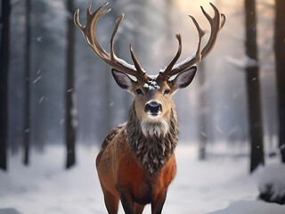 Fototapeta premium Noble deer male in the winter snow forest. Artistic winter Christmas landscape.