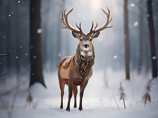 Naklejka na ściany i meble Noble deer male in the winter snow forest. Artistic winter Christmas landscape.
