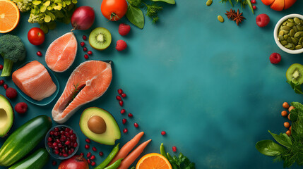 A colorful array of fresh fruits, vegetables, and salmon filets artfully arranged on a vibrant teal background, inviting a healthy lifestyle