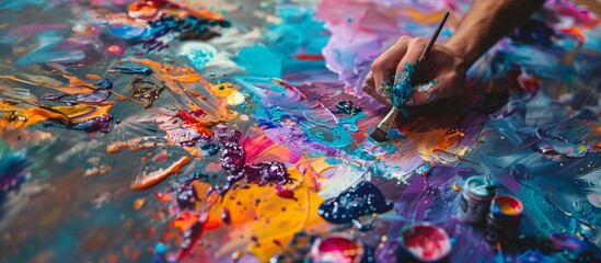 A detailed view of a hand holding a paintbrush, artistically applying vibrant, thick layers of colorful paint on a canvas, symbolizing the creative process in art therapy.
