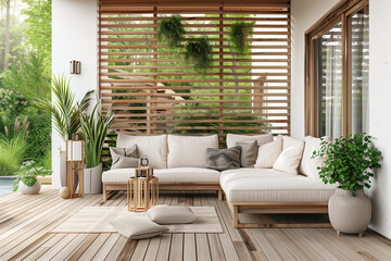 Naklejka premium A modern wooden terrace with a white sofa and wood slats on the wall, a wooden floor, a side table with plants in pots, a garden light, in the style of Scandinavian