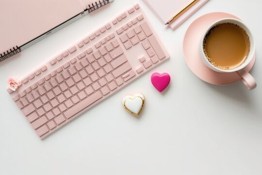 Valentine's Day concept. Top view photo of workplace keyboard computer mouse pink copybooks golden pen hearts and cup of frothy coffee on isolated white background with, Generative AI 