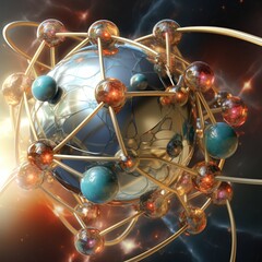 Atoms forming a global network symbolizing worldwide communication with vibrant colors and sharp