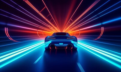 car of the future rides on the road in the tunnel, eco clean environment without harmful waste, neon light at night in the tunnel. illustration, Generative AI 